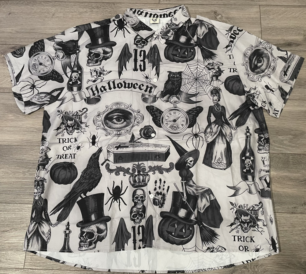 Halloween Gothic Button Up Shirt Men's 3XL Skulls Pumpkins Spider Black Gray